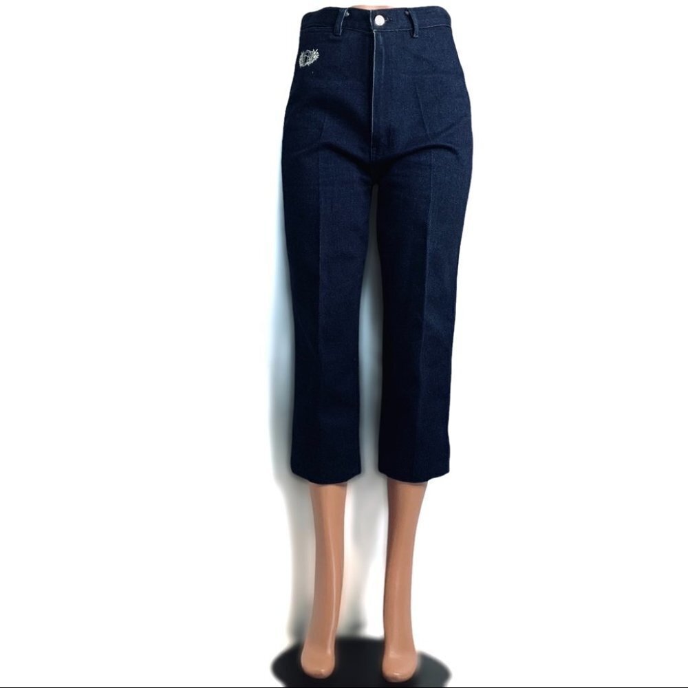VINTAGE HER DARK  BLUE DENIM CROP CAPRI HIGH RISE JEANS WOMEN SIZE 32 TAW…